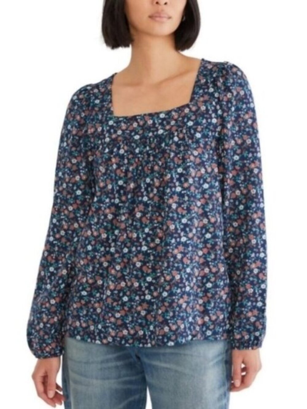 Lucky Brand SZ XXL Loose Flowy Square Neck Ditsy Floral Elastic Cuff Peasant Top